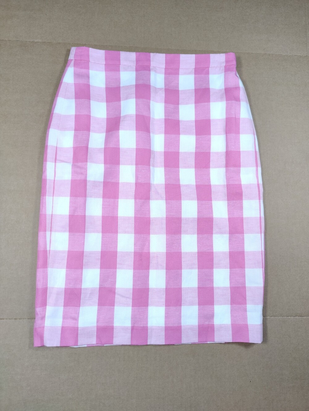 NWT Talbots Pink White Gingham Linen Blend Knee Length Pencil Skirt Size 0